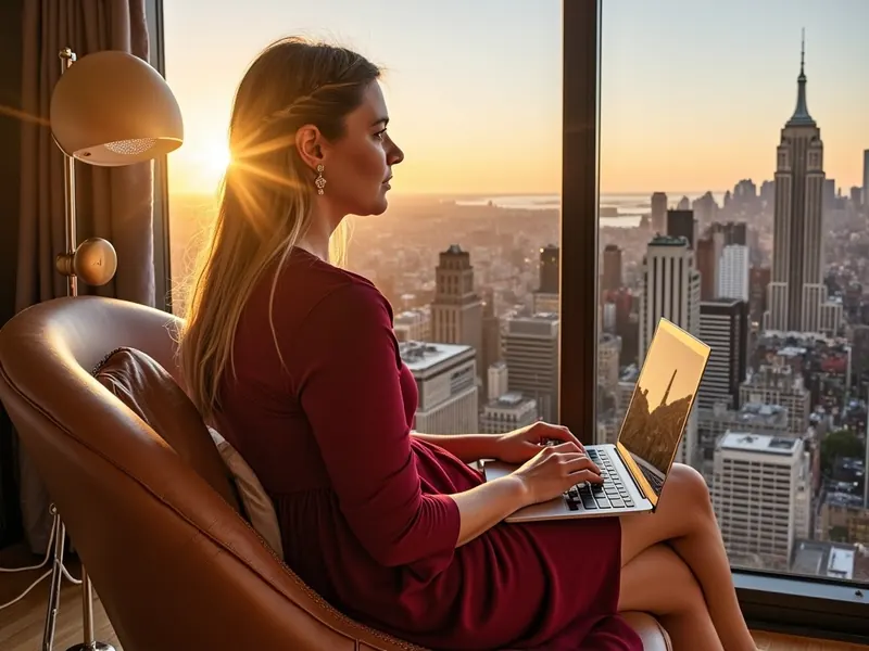 Nadine Frank mit Laptop vor einer Skyline im Sonnenuntergang