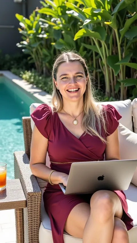 Nadine Frank arbeitet mit dem Laptop am Pool